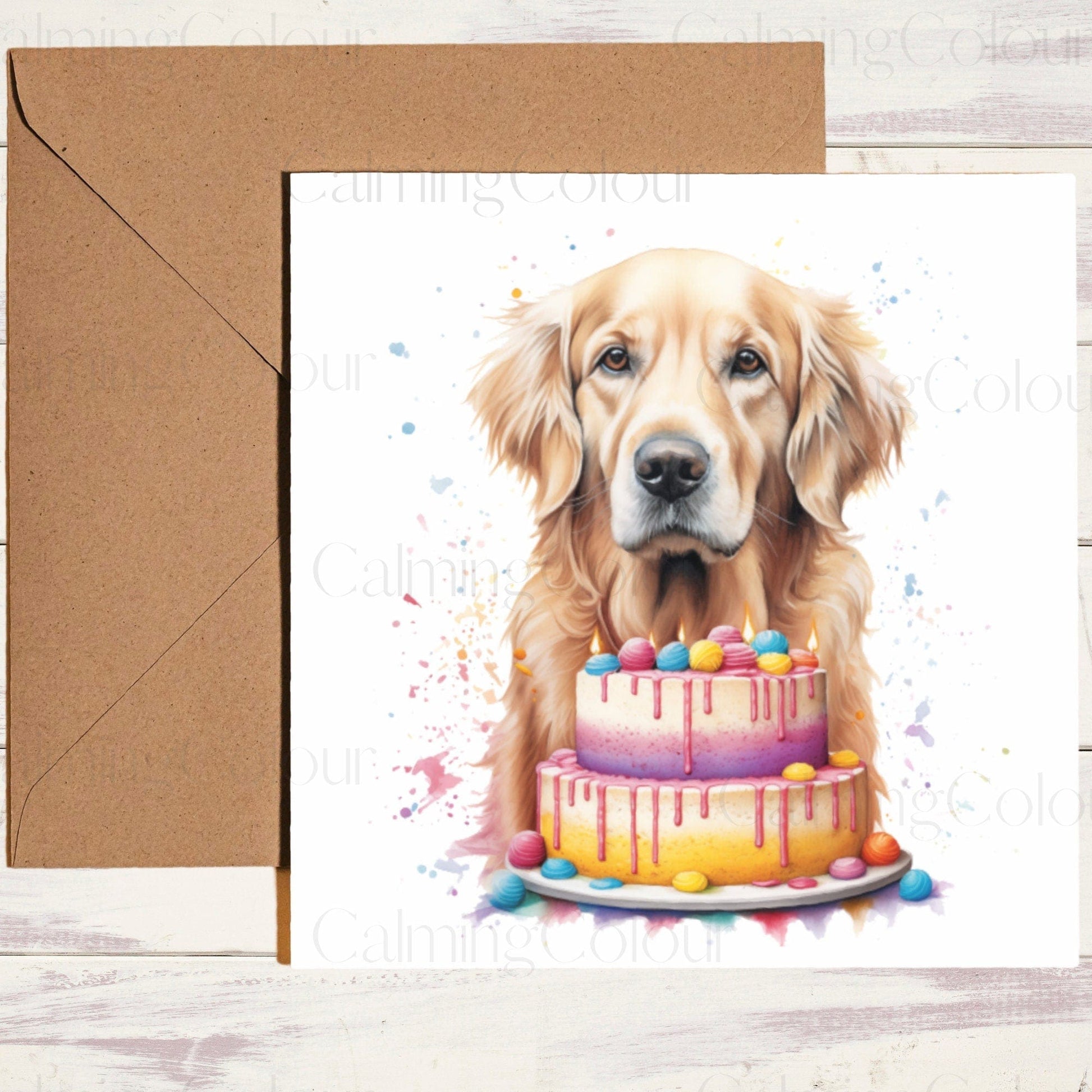 Golden Retriever with Cake | Greeting Card | Calming Colour