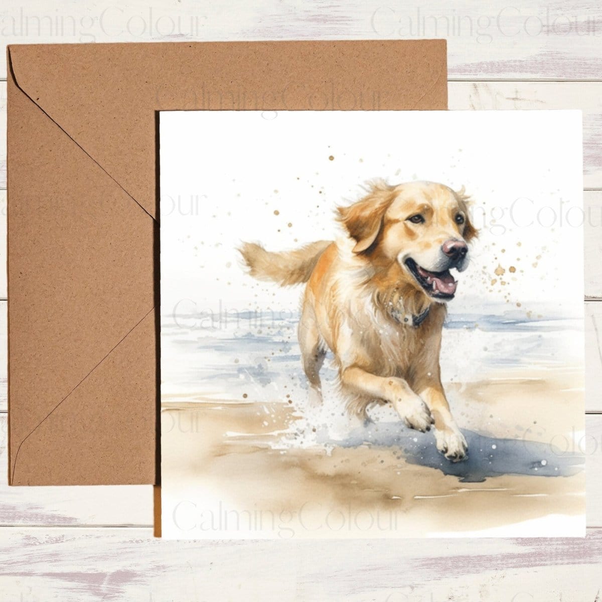 Golden Retriever at the Seaside | Greeting Card | Calming Colour