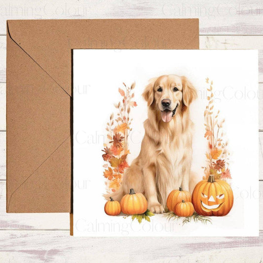 Golden Retriever in Pumpkin Patch | Birthday Card | Halloween | Birthday Card