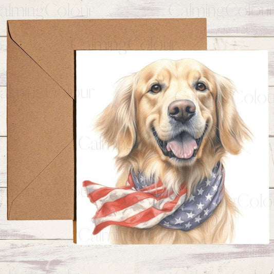 Golden Retriever Smiling | Wearing 4th July Neck Scarf | Calming Colour