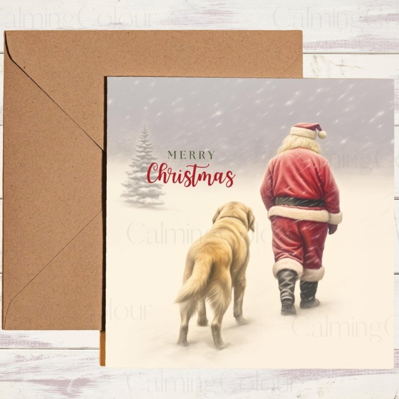 Golden Retriever Walking with Santa Christmas Card | Christmas Card
