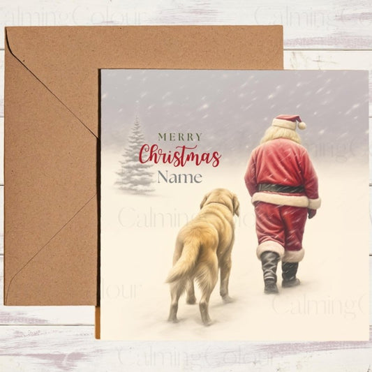 Personalised Golden Retriever Christmas card walking with Santa and name