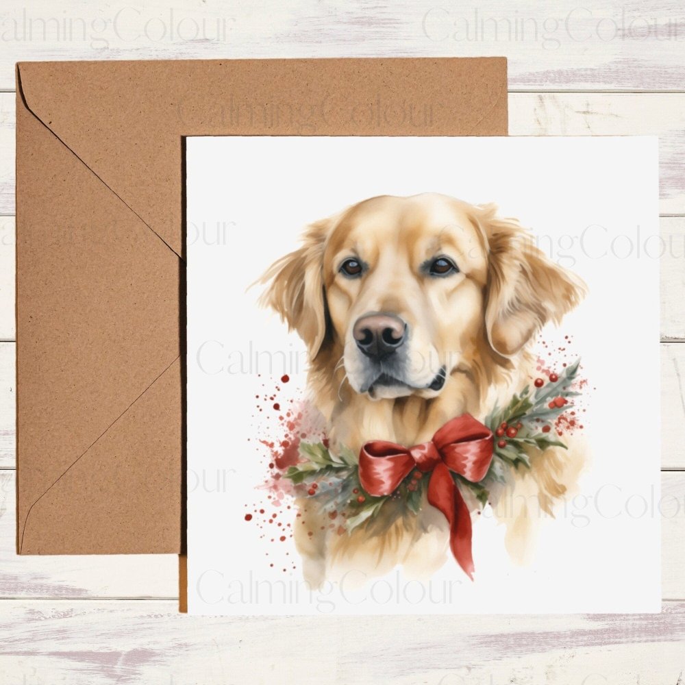 Golden Retriever wearing Bow | Christmas Card | Calming Colour