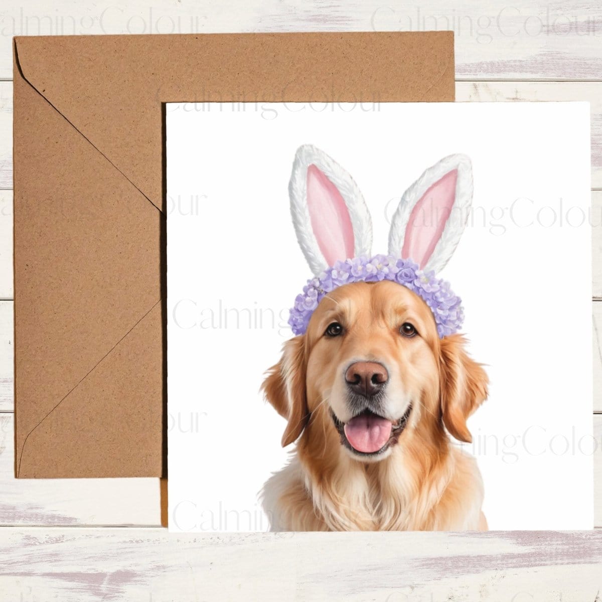 Golden Retriever wearing Easter Bunny Ears | Easter Card | Calming Colour