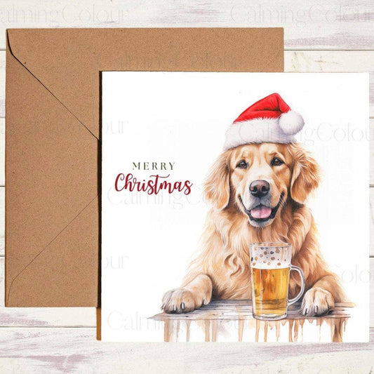 Golden Retriever wearing Red Santa Hat | Christmas Card | Calming Colour