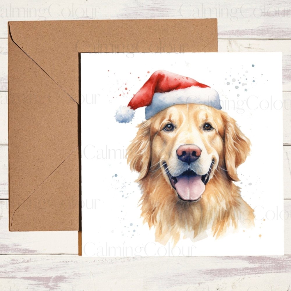 Golden Retriever wearing Red Santa Hat | Christmas Card | Calming Colour