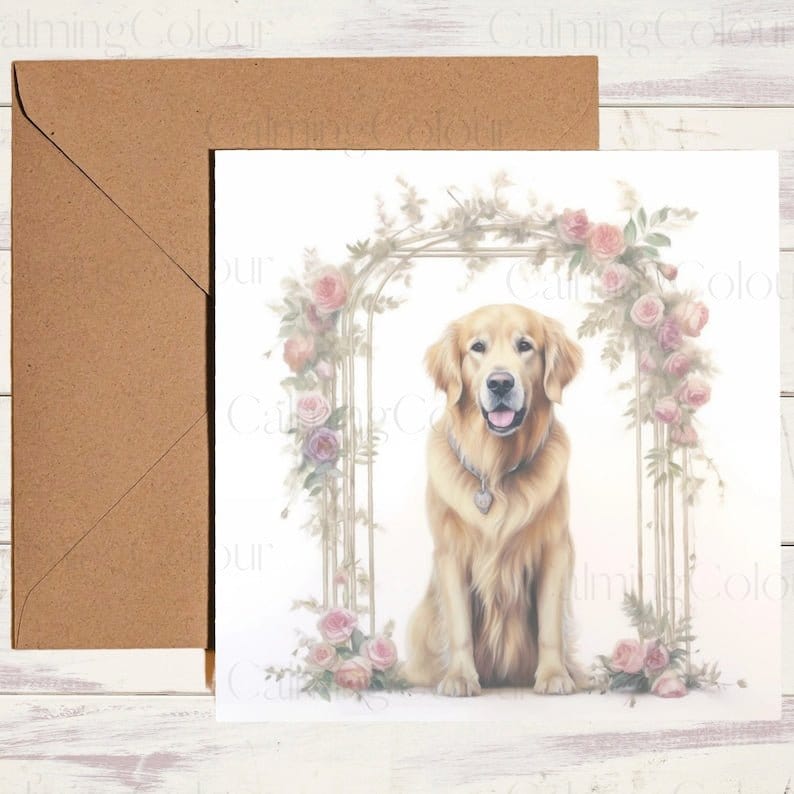 Golden Retriever under Floral Arch | Wedding Card | Calming Colour