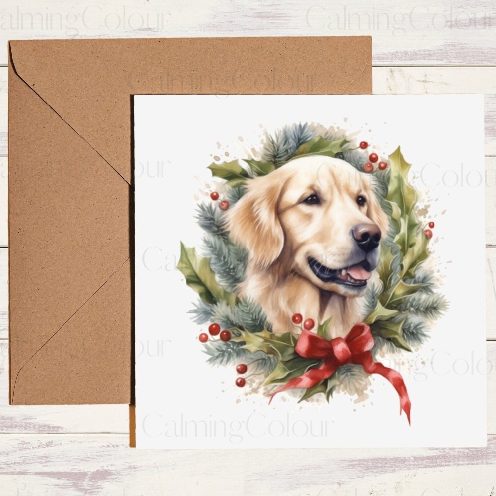 Golden Retriever with Christmas Wreath | Christmas Card | Calming Colour