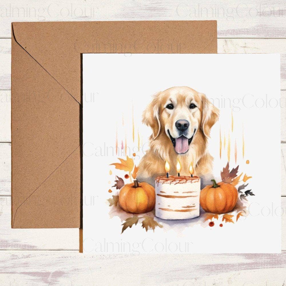 Golden Retriever with Halloween Birthday Cake | Halloween Card | Calming Colour