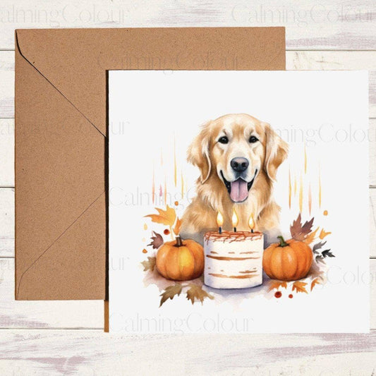 Golden Retriever with Halloween Birthday Cake | Halloween Card | Birthday Card