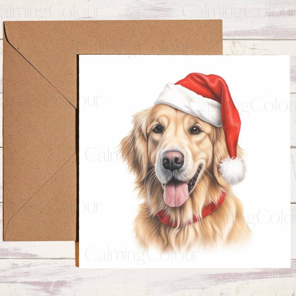 Golden Retriever with Red Santa Hat | Christmas Card | Calming Colour