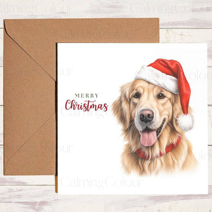 Golden Retriever with Red Santa Hat | Christmas Card | Calming Colour