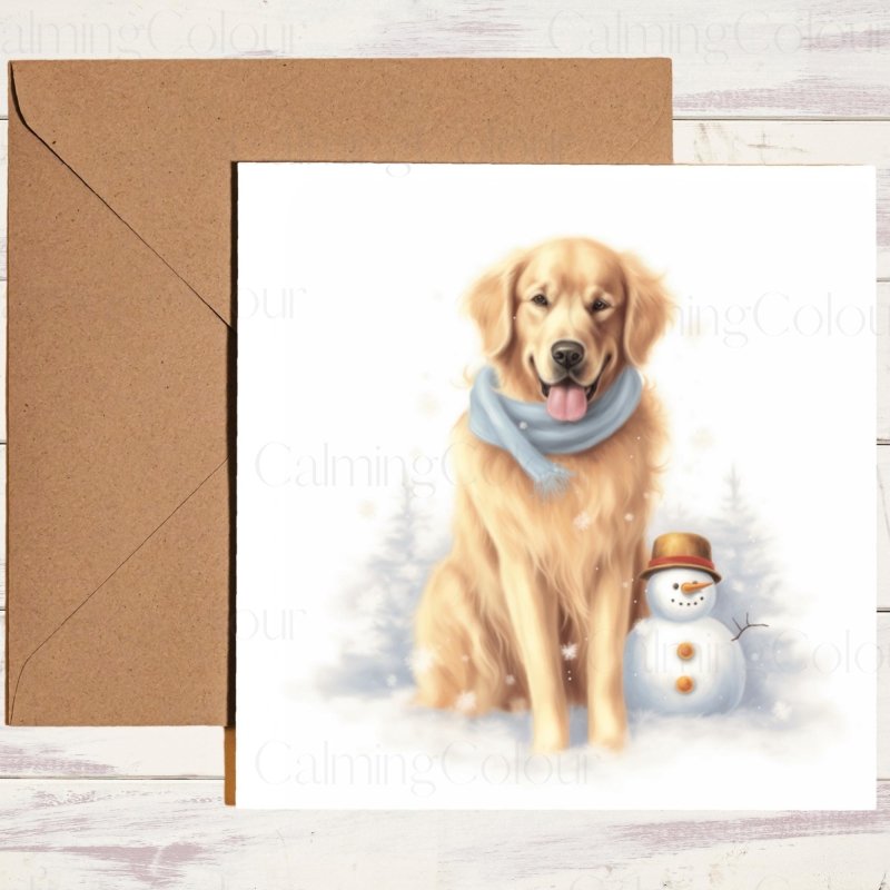 Golden Retriever with Snowman Friend | Christmas Card | Christmas Card