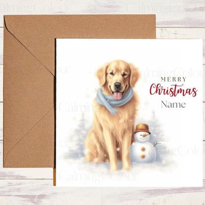 Golden Retriever with Snowman Friend | Christmas Card | Christmas Card