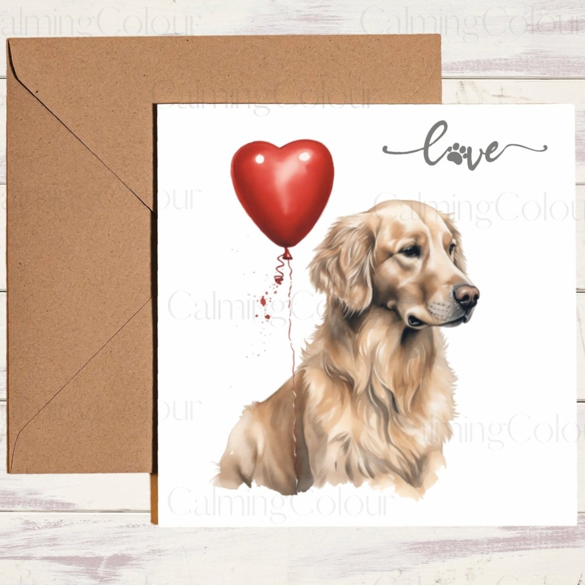 Golden Retriever with Red Balloon | Greeting Card | Calming Colour