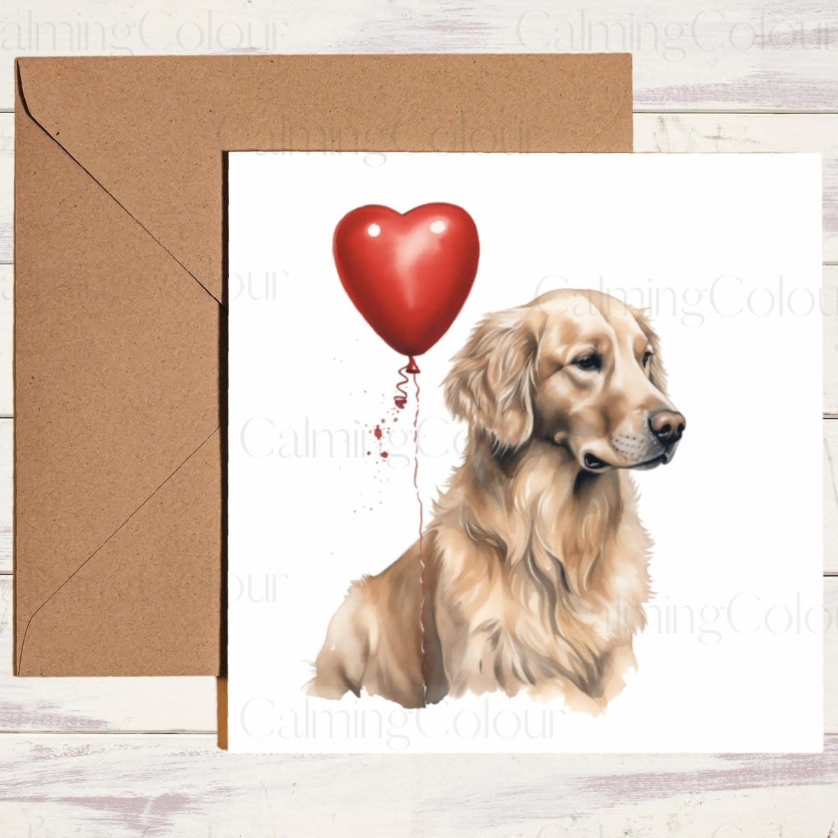 Golden Retriever with Red Balloon | Greeting Card | Calming Colour