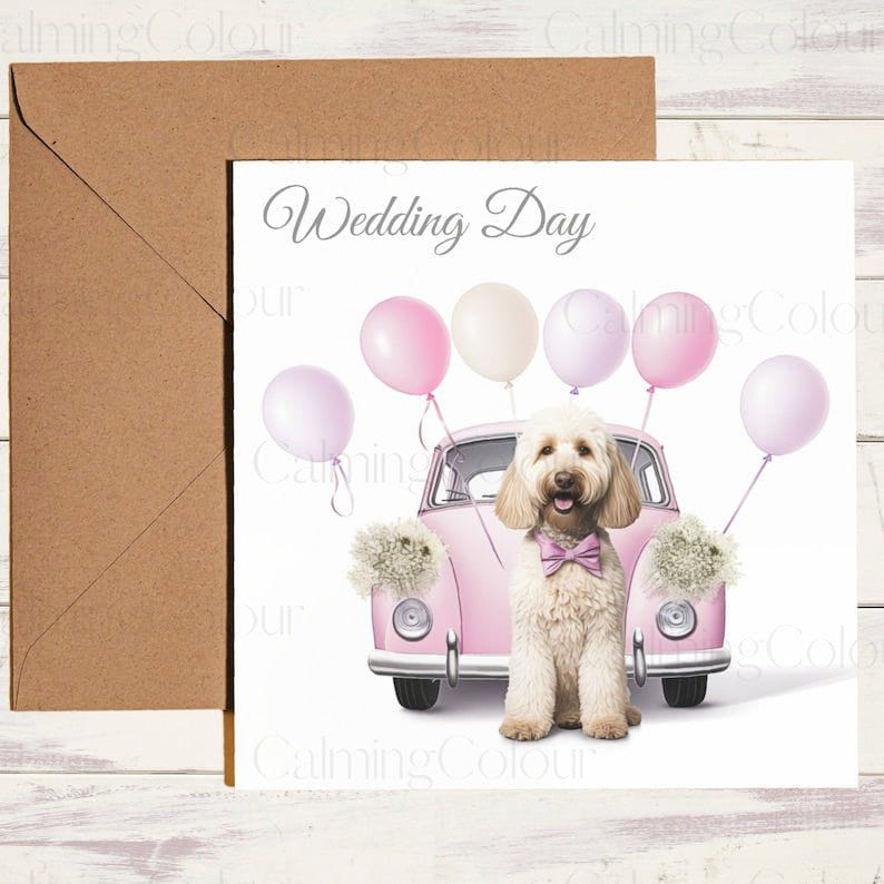 Goldendoodle and Wedding Car | Wedding Card | Calming Colour