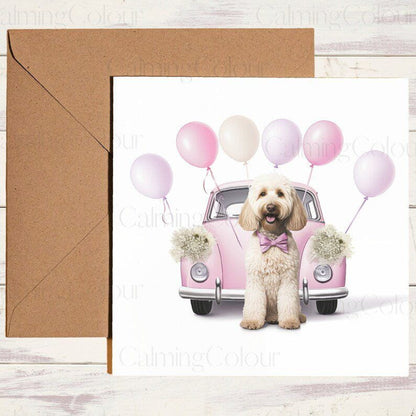 Goldendoodle and Wedding Car | Wedding Card | Calming Colour