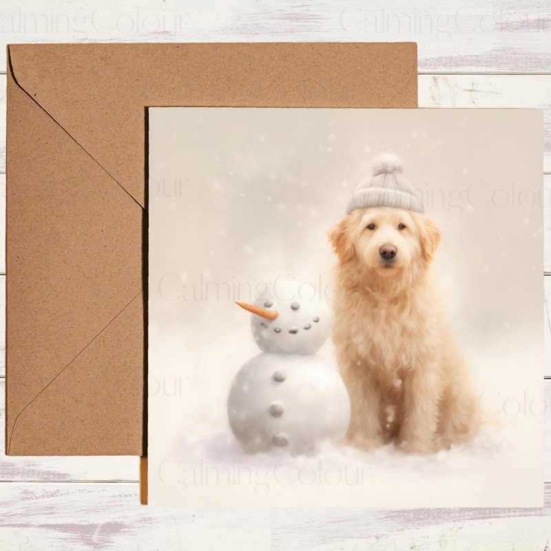 Goldendoodle Beside Snowman | Christmas Card | Christmas Card