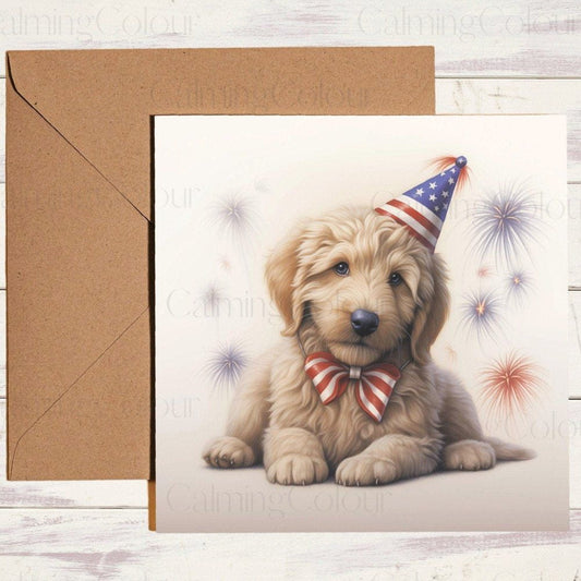 GoldenDoodle Wearing Bow Tie + Party Hat | Greeting Card | Calming Colour