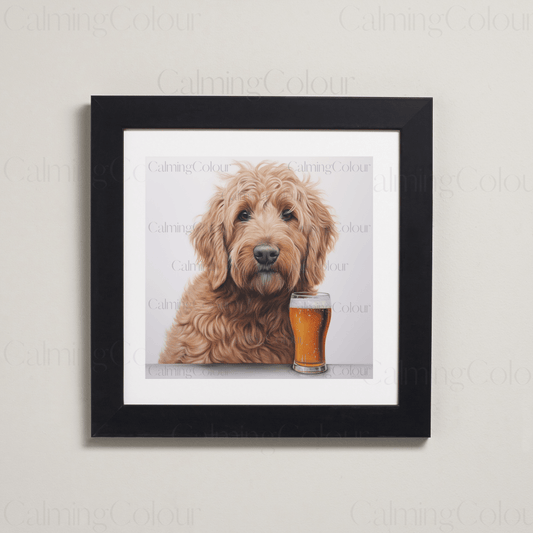 Goldendoodle with a Pint | Framed Art Print | Calming Colour