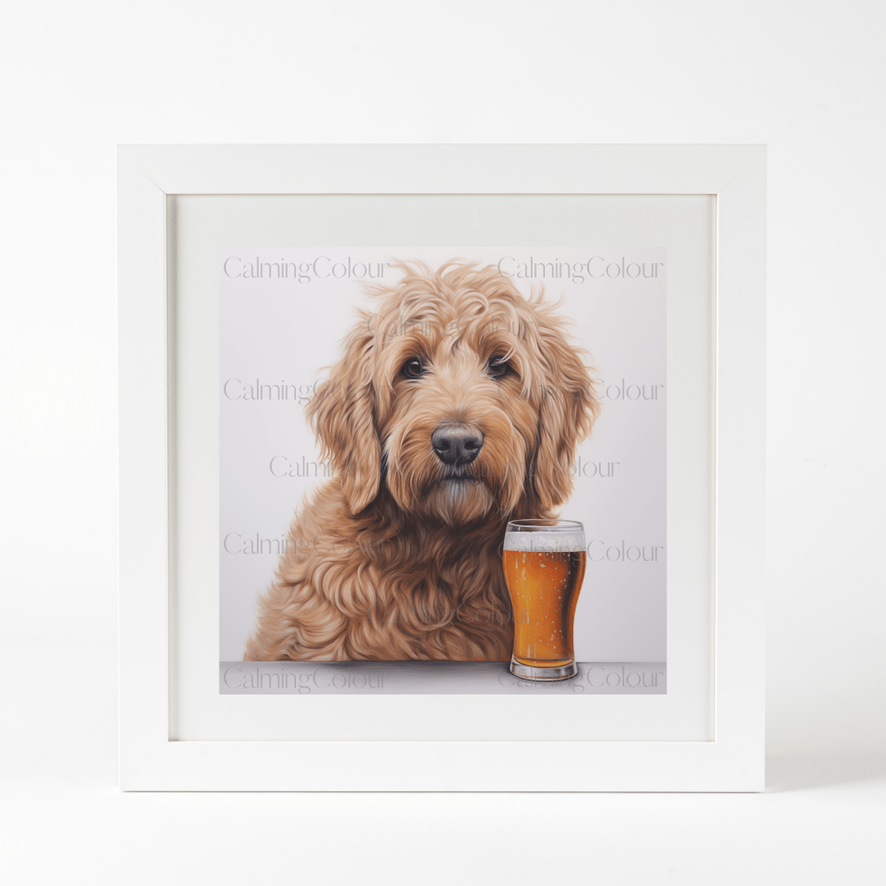 Goldendoodle with a Pint | Framed Art Print | Calming Colour