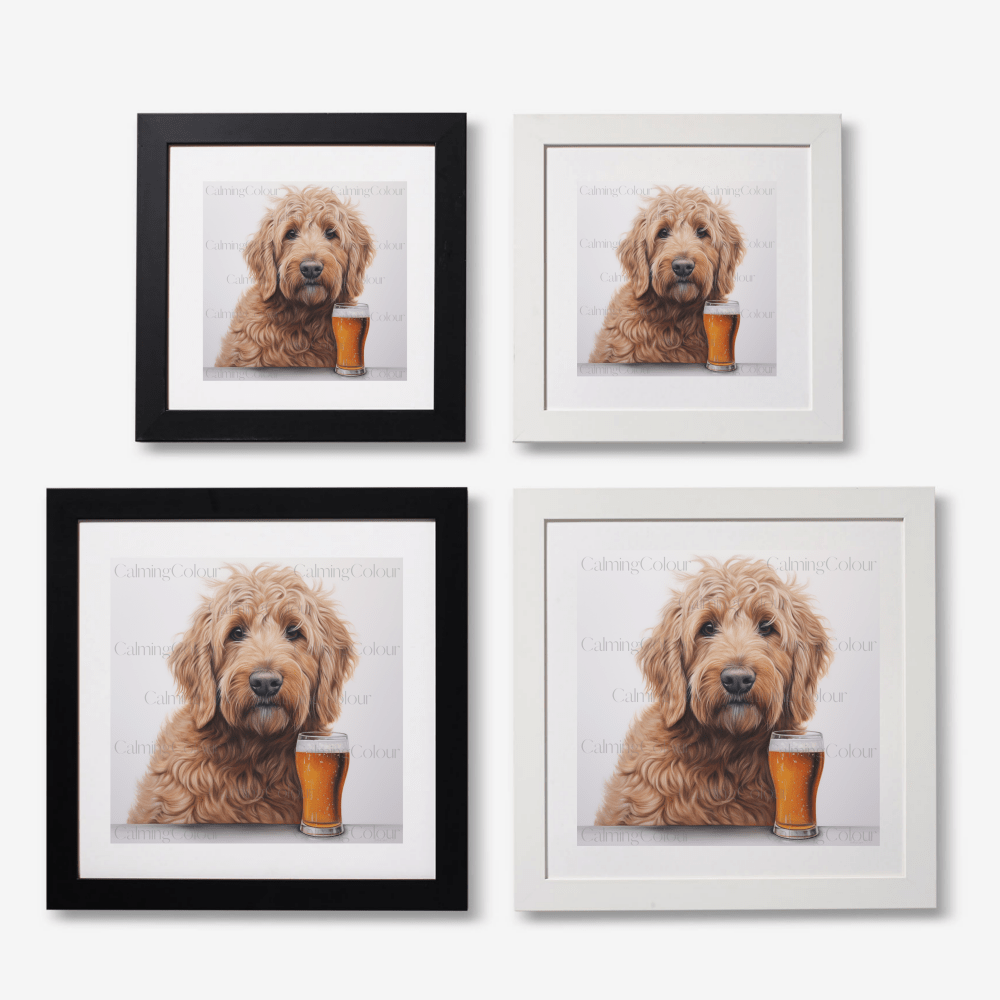 Goldendoodle with a Pint | Framed Art Print | Calming Colour