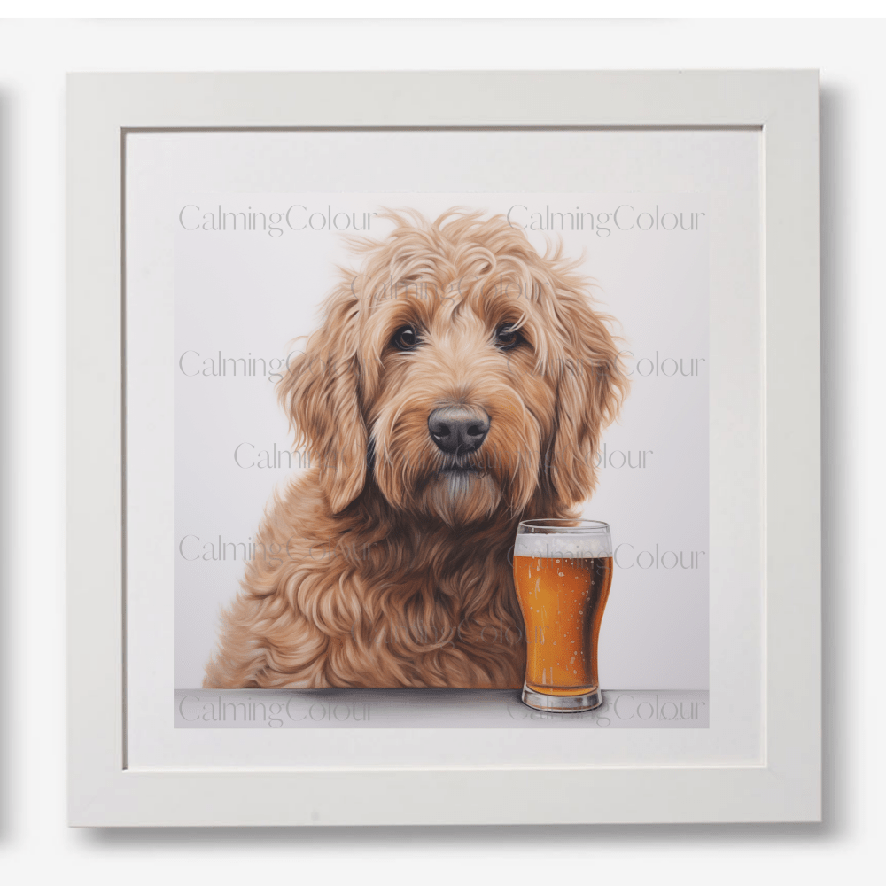 Goldendoodle with a Pint | Framed Art Print | Calming Colour