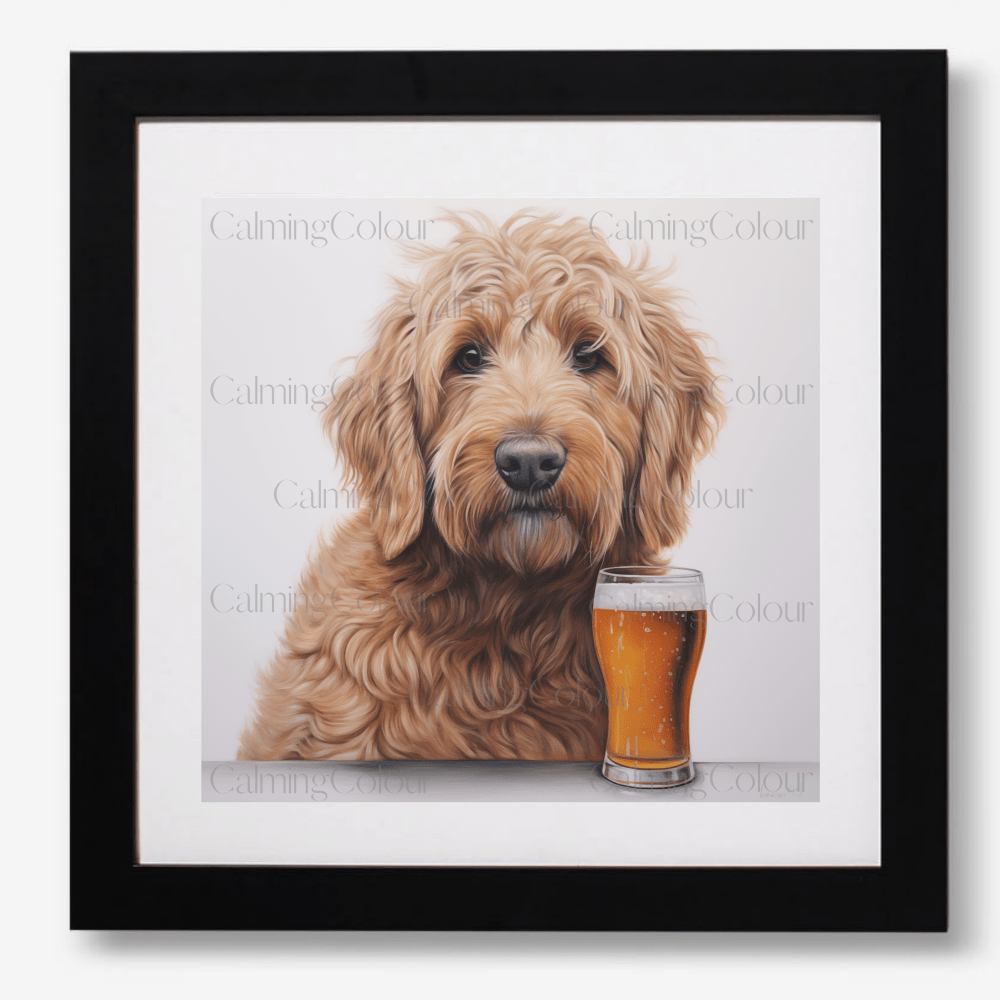 Goldendoodle with a Pint | Framed Art Print | Calming Colour