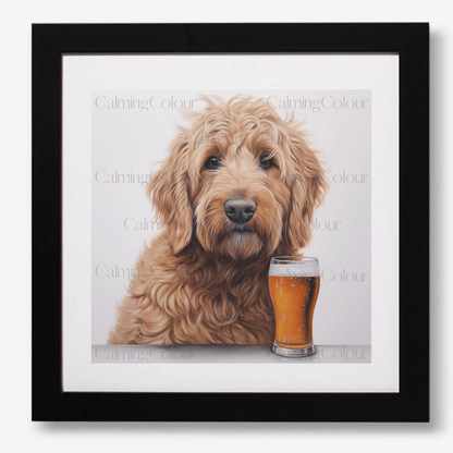 Goldendoodle with a Pint | Framed Art Print | Calming Colour