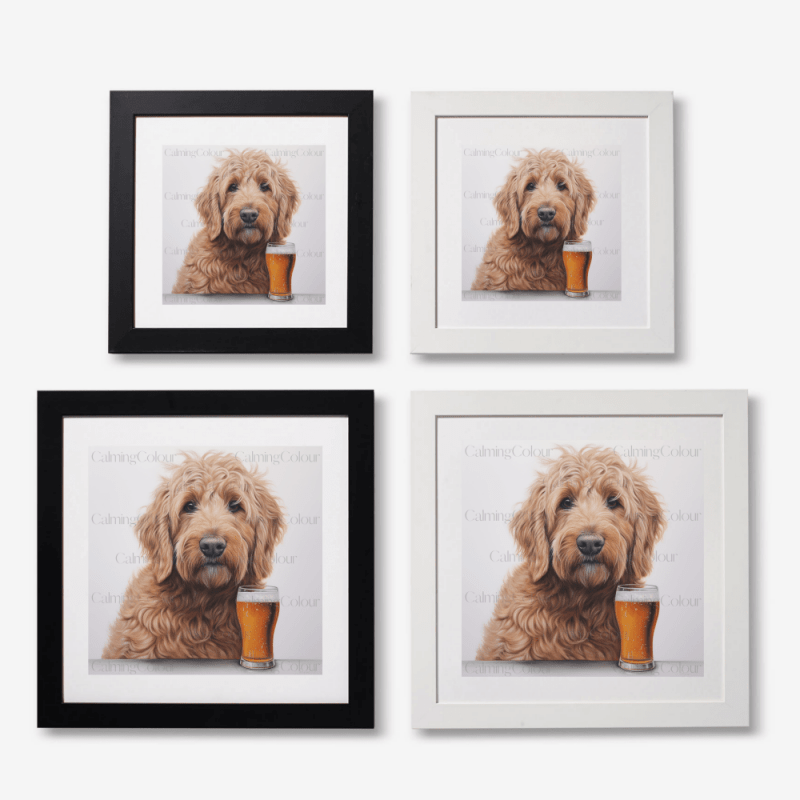 Goldendoodle with a Pint | Framed Art Print | Artwork - Framed Print