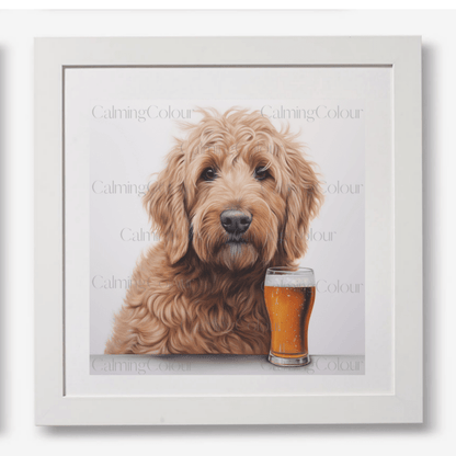 Goldendoodle with a Pint | Framed Art Print | Artwork - Framed Print