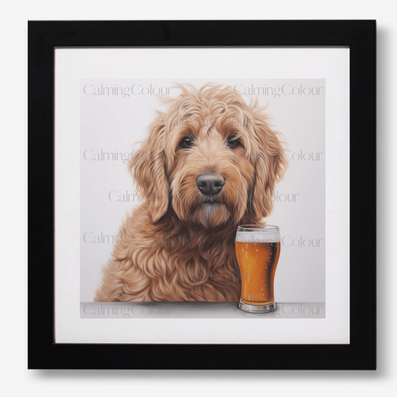 Goldendoodle with a Pint | Framed Art Print | Artwork - Framed Print