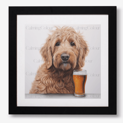 Goldendoodle with a Pint | Framed Art Print | Artwork - Framed Print
