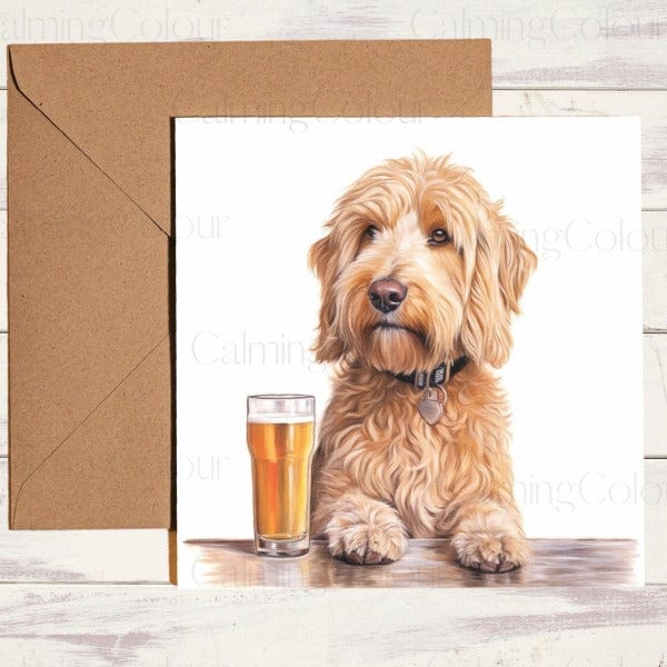 GoldenDoodle with Pint Glass | Father's Day Card | Calming Colour