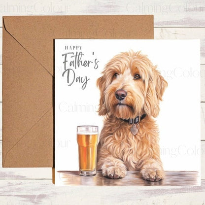 GoldenDoodle with Pint Glass | Father's Day Card | Calming Colour