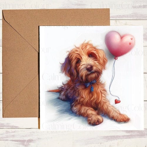 Goldendoodle with Red Balloon | Greeting Card | Calming Colour