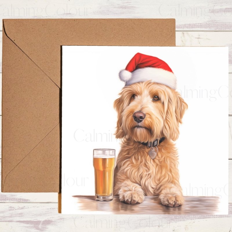 Goldendoodle with Santa Hat and Pint | Christmas Card | Christmas Card