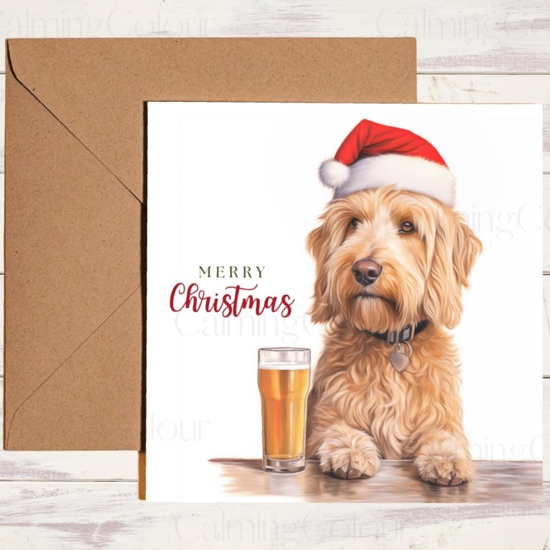 Goldendoodle with Santa Hat and Pint | Christmas Card | Christmas Card