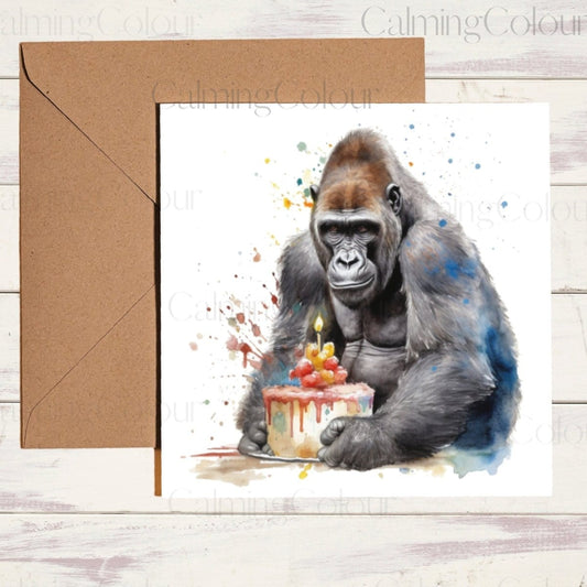 Gorilla holding Birthday Cake | Card for Gorilla lover | Calming Colour