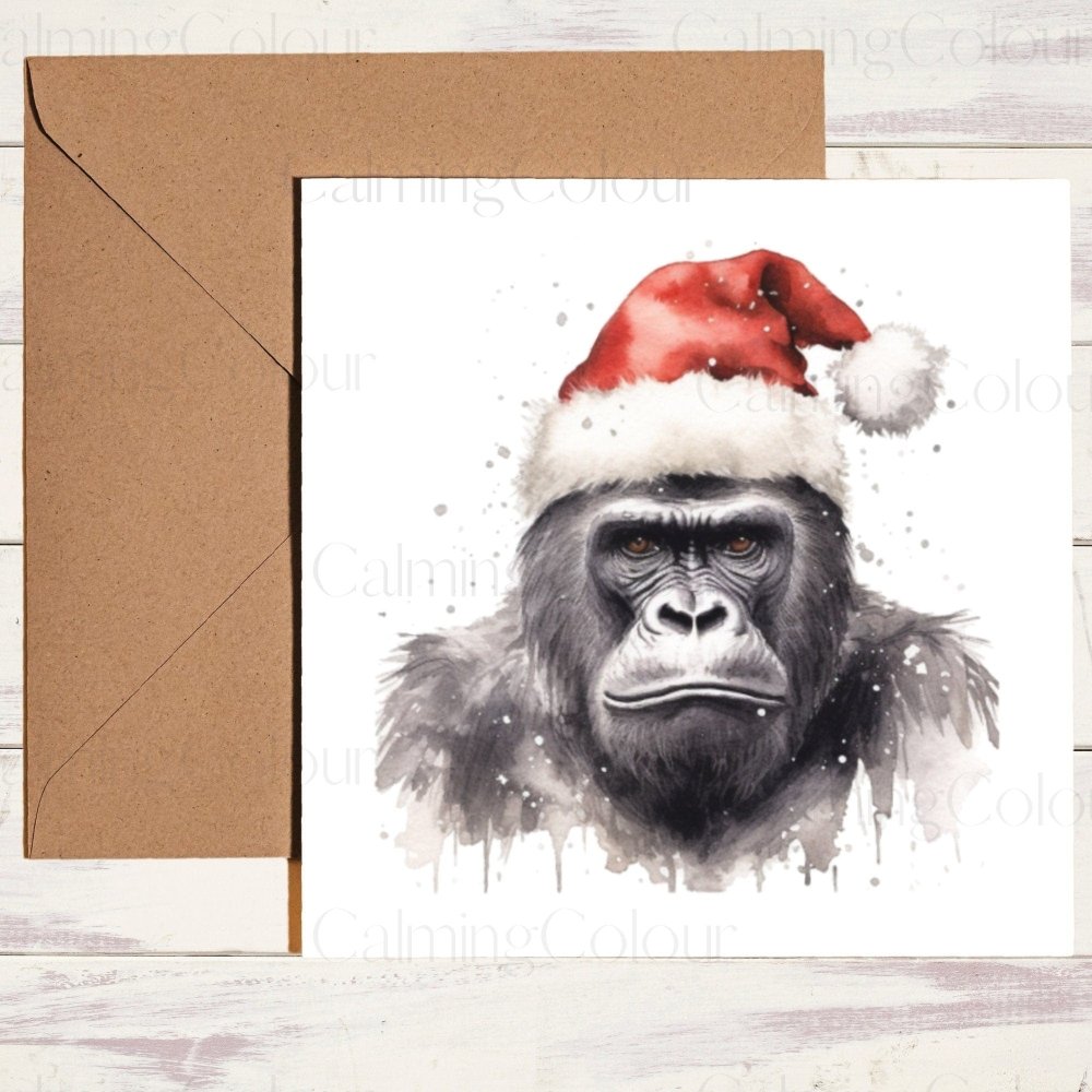 Gorilla wearing Red Santa Hat | Christmas Card | Single Card | Calming Colour