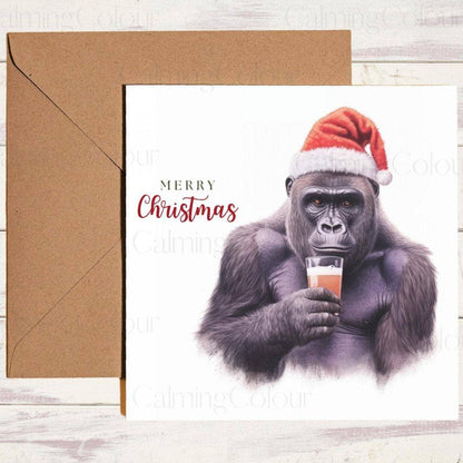 Gorilla wearing Red Santa Hat, having a Pint | Christmas Card | Christmas Card