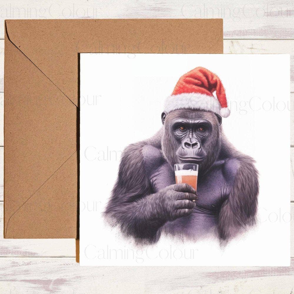 Gorilla wearing Red Santa Hat, having a Pint | Christmas Card | Christmas Card