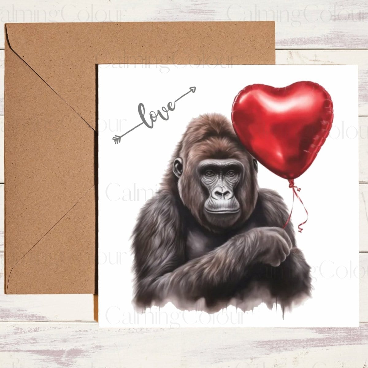 Gorilla with Red Balloon | Greeting Card | | Calming Colour