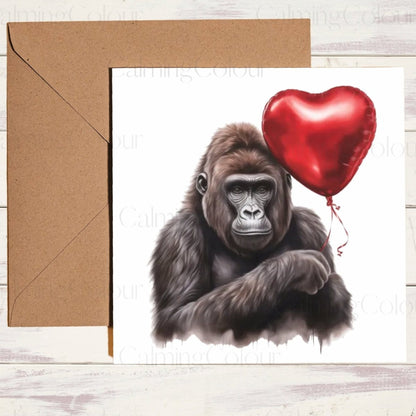 Gorilla with Red Balloon | Greeting Card | | Calming Colour