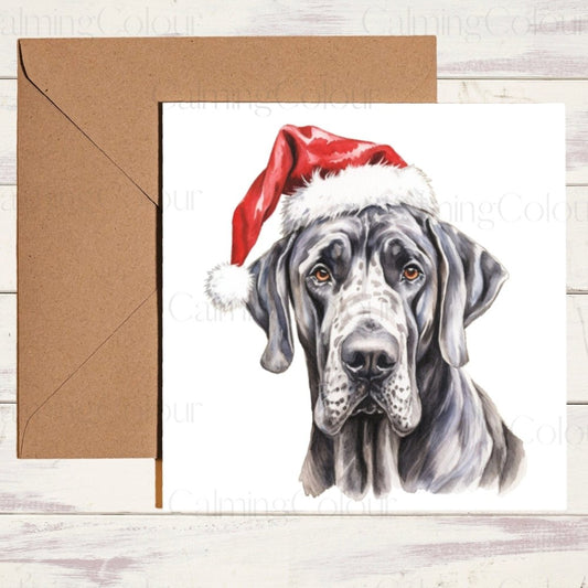 Great Dane wearing Red Santa Hat | Christmas Card | Calming Colour