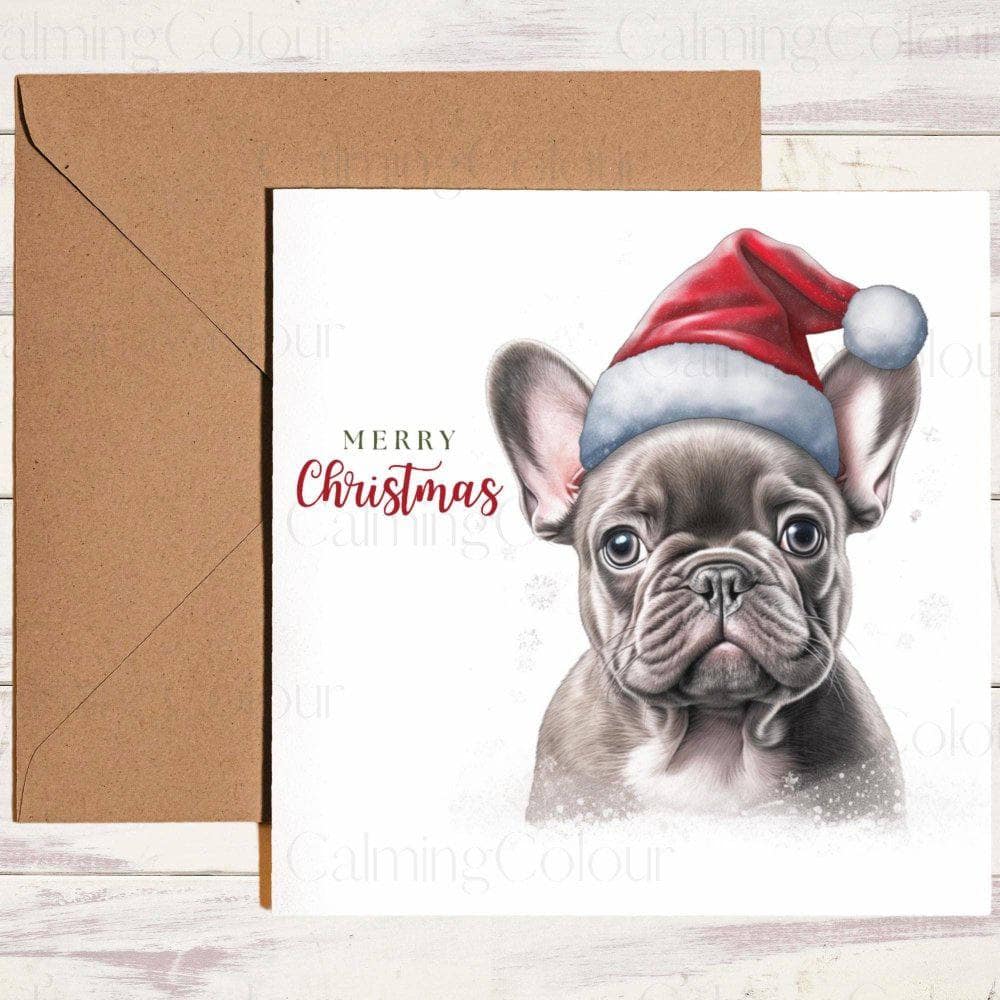 Grey French Bulldog with Red Santa Hat | Christmas Card | Christmas Card