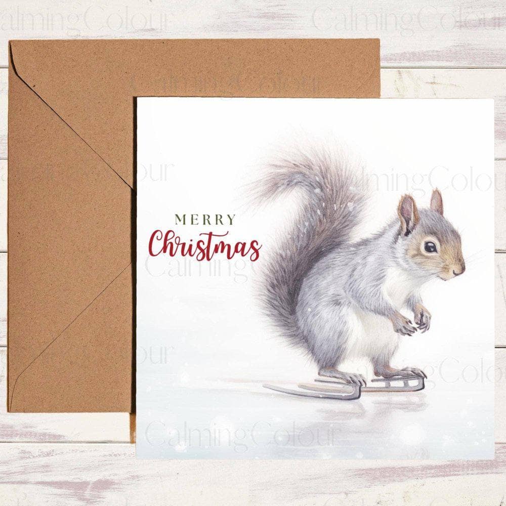 Grey Squirrel Ice Skating | Christmas Card | Christmas Card