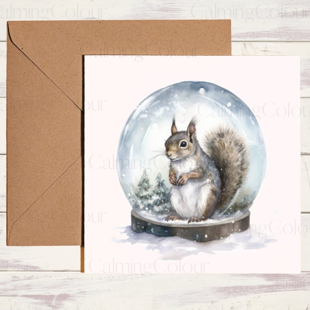 Grey Squirrel in a Snow Globe | Christmas Card | Calming Colour