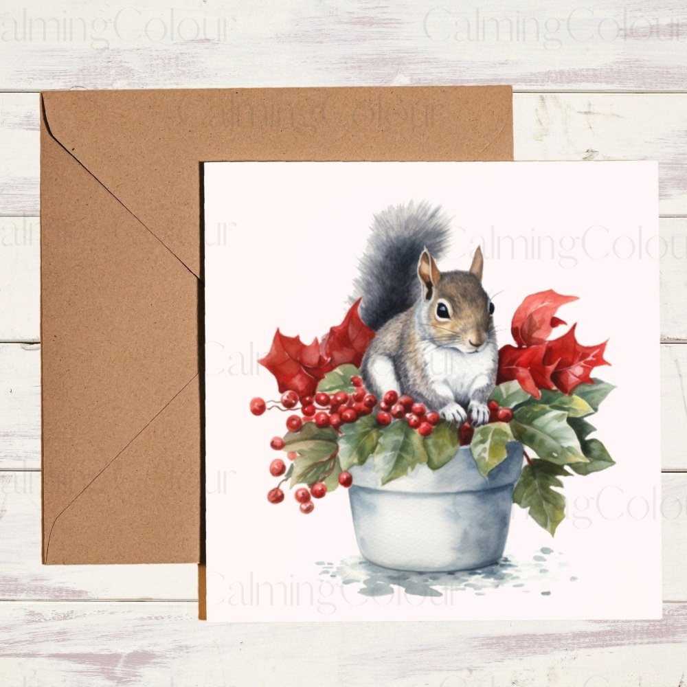 Grey Squirrel in Plant Pot | Christmas Card | Calming Colour